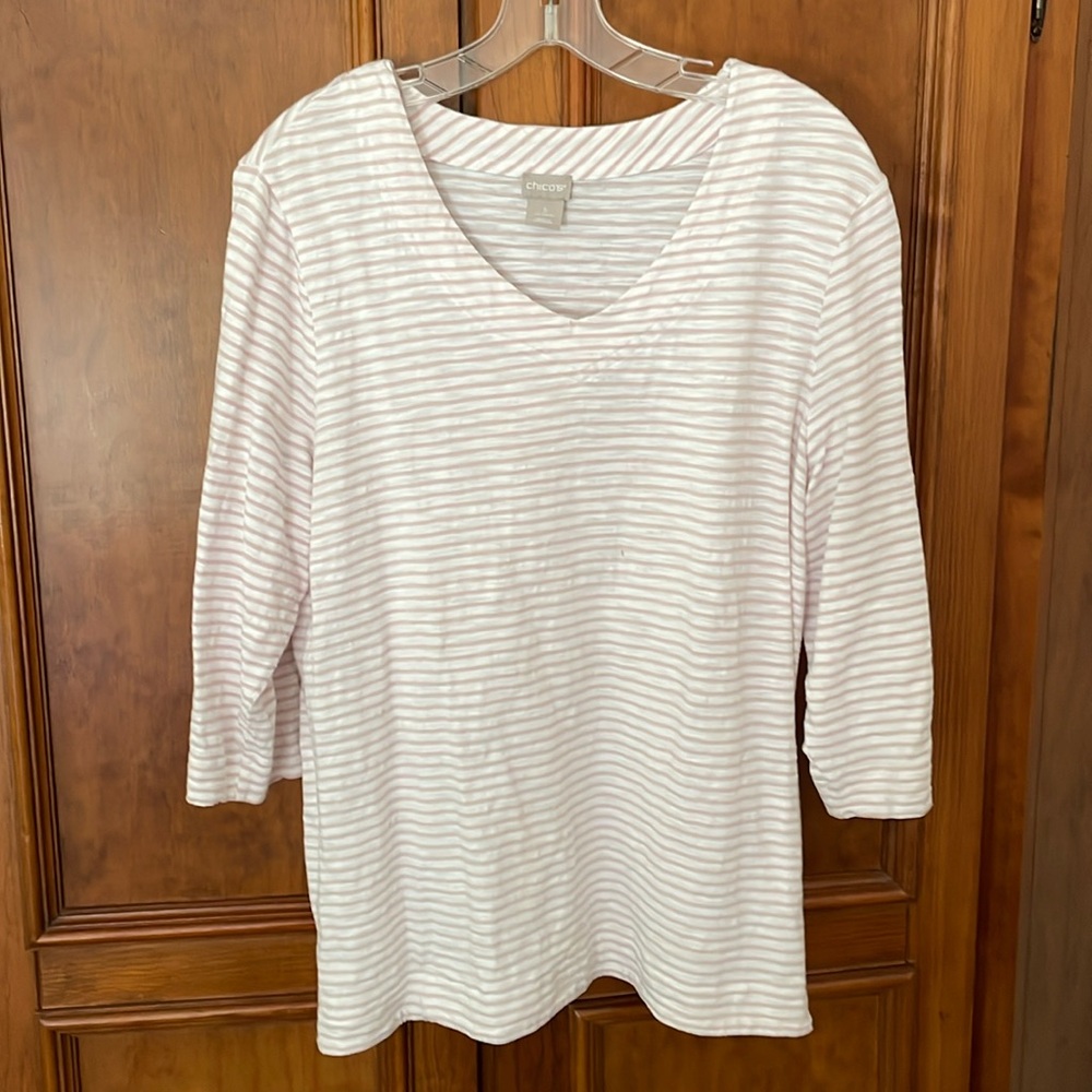 Chico’s cute Pink & White striped 3/4 Sleeve Tee